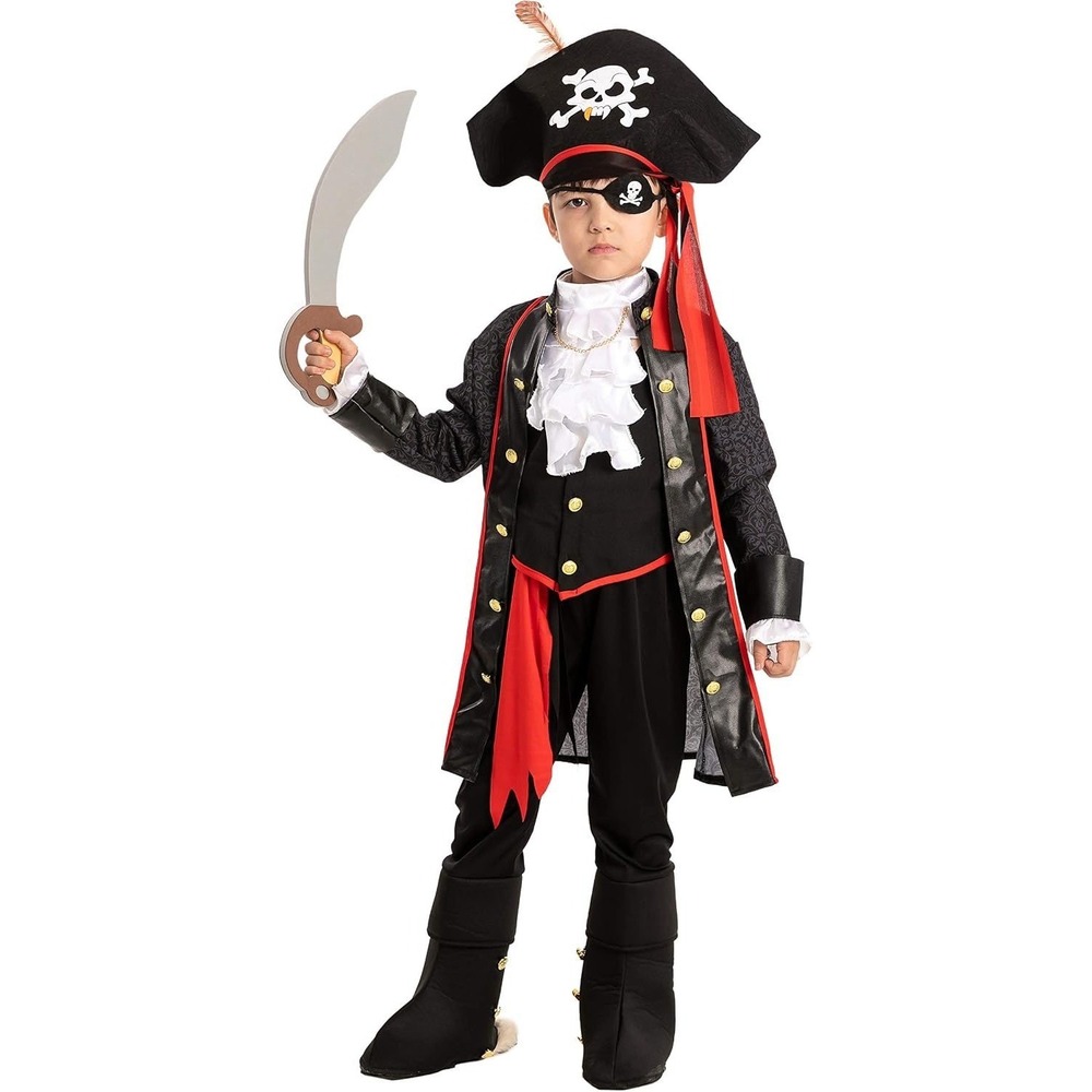 Premium Pirate Captain Costume Kids Black Red Damask Gold Buttons Size S 6